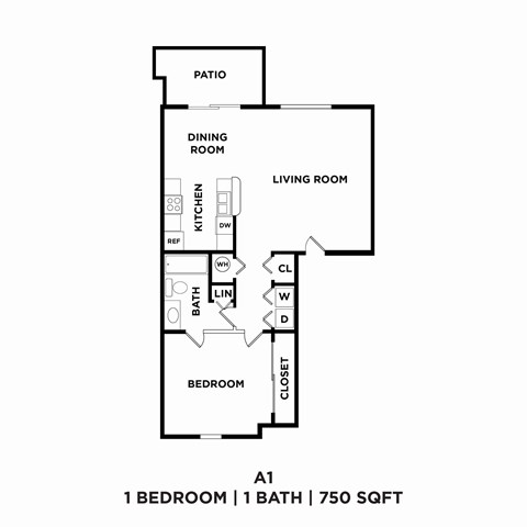 A 1 bedroom 1 bath house plan with 750 sqft.